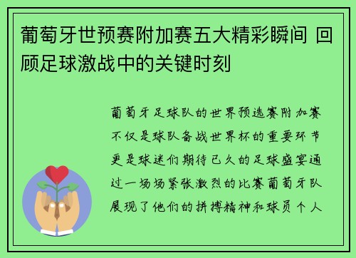 葡萄牙世预赛附加赛五大精彩瞬间 回顾足球激战中的关键时刻